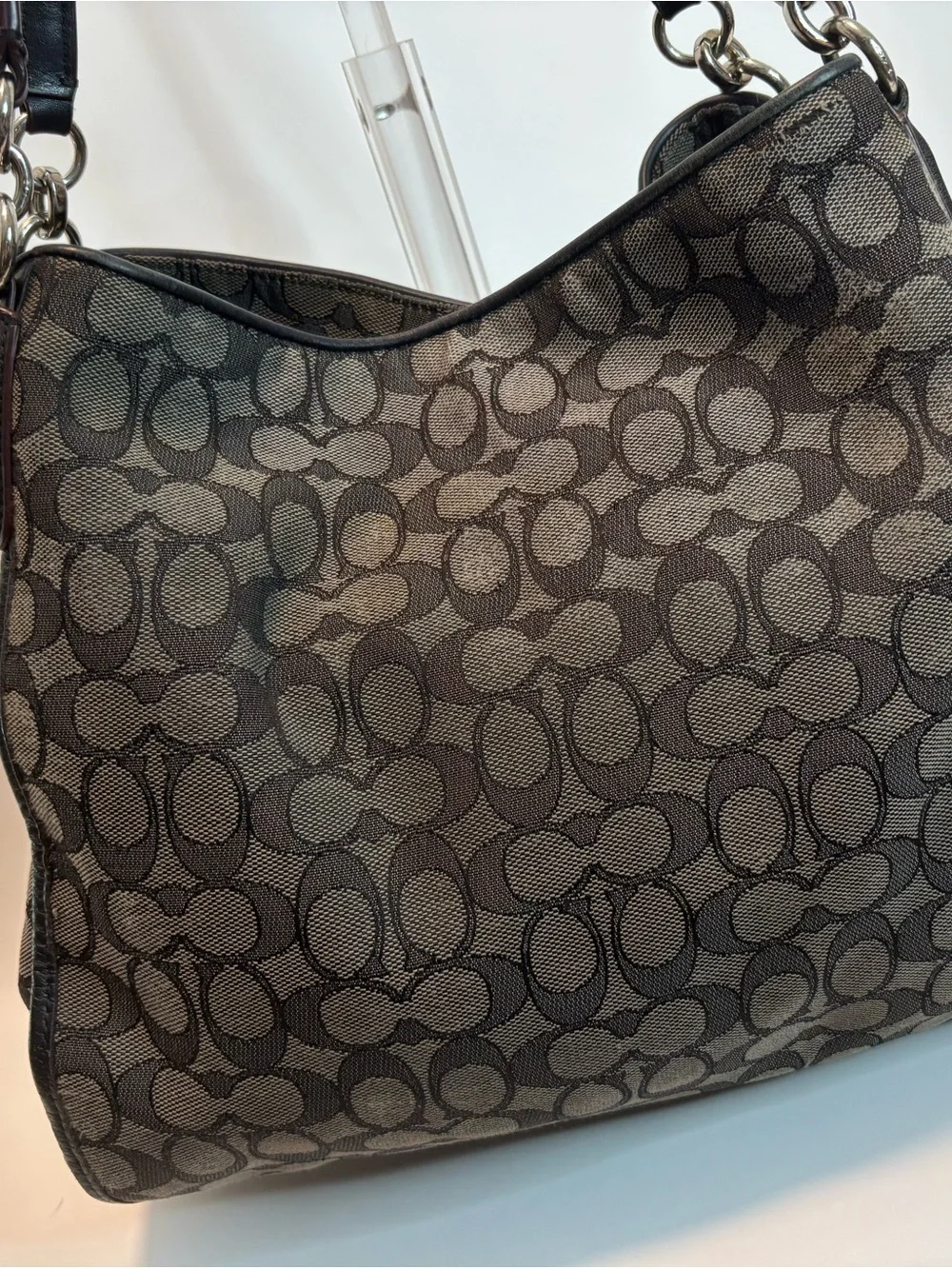 COACH ($385) Phoebe Beige/Dark Brown Jacquard Signature Shoulder Bag AUTHENTIC